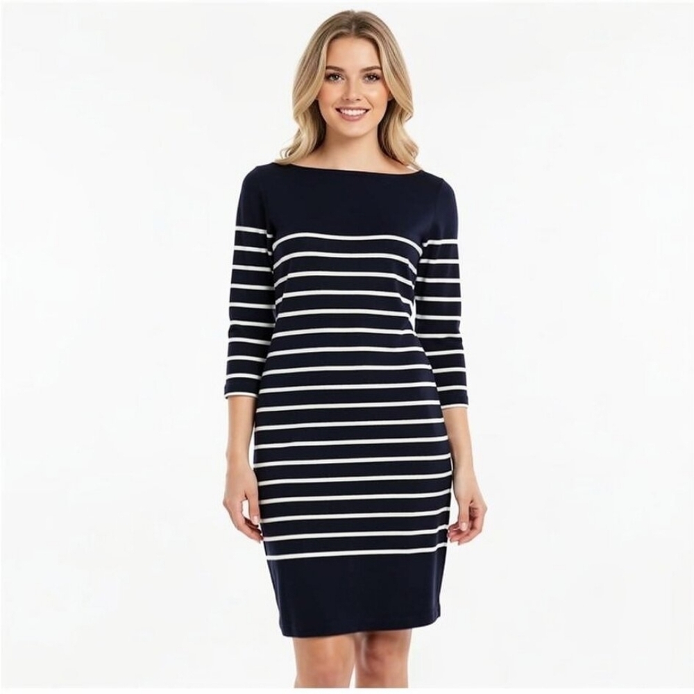 NWT Chaps Navy Striped Long Sleeve Sweater Mini Dress Size S Casual Work Comfy